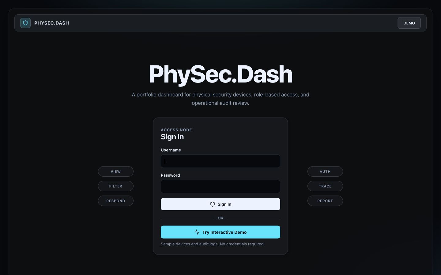 Physical Security Dashboard sign-in screen and interactive demo entry point